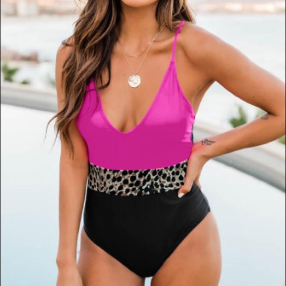 Hot pink and leopard one piece swimsuit